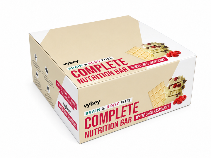 Vybey Complete Nutrition Bar White Choc Raspberry 80g plant-based protein bar with creamy white chocolate and raspberry flavour, high in protein and fibre, providing complete nutrition with functional ingredients.