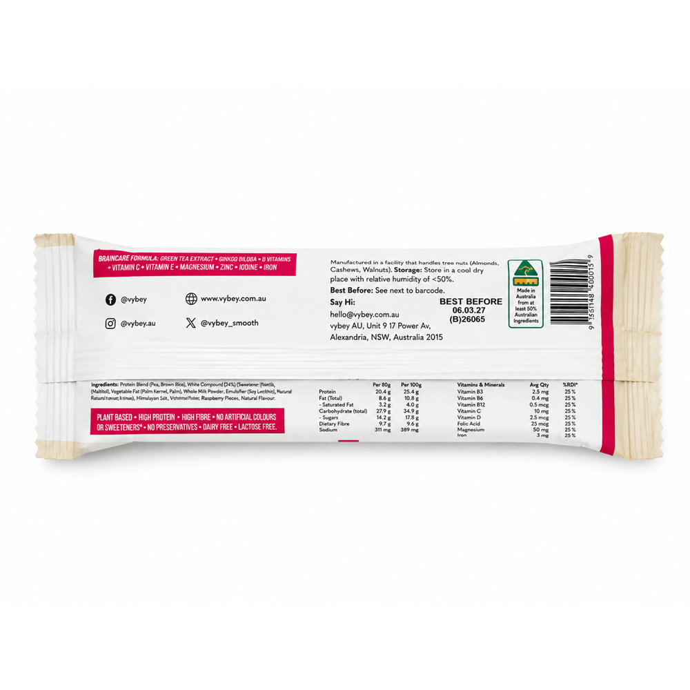 VYBEY Complete Nutrition Bar White Choc Raspberry 80g back – Goodsnet New Zealand.