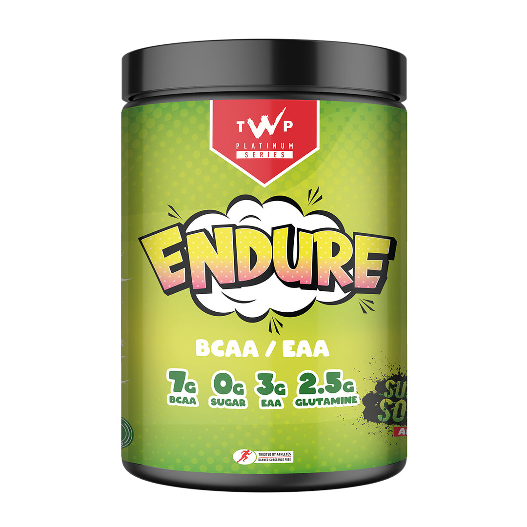 TWP ENDURE BCAA + EAA Sour Apple amino acid supplement tub front view, Platinum Series, 510g, available at Goodsnet New Zealand.