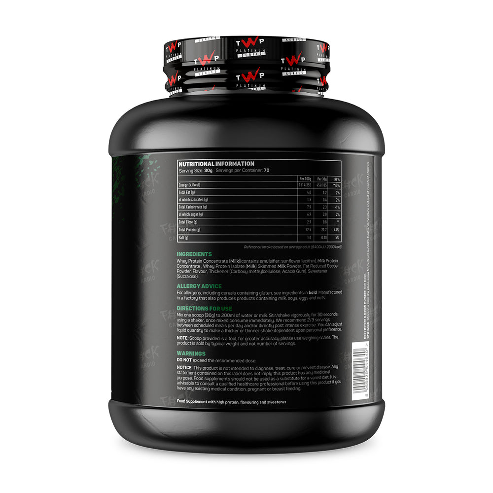 Back of TWP ALL THE WHEY UP Protein After Weights-Choc Mint 2.1kg tub showing supplement facts, nutrition details, and usage instructions, available at Goodsnet New Zealand.