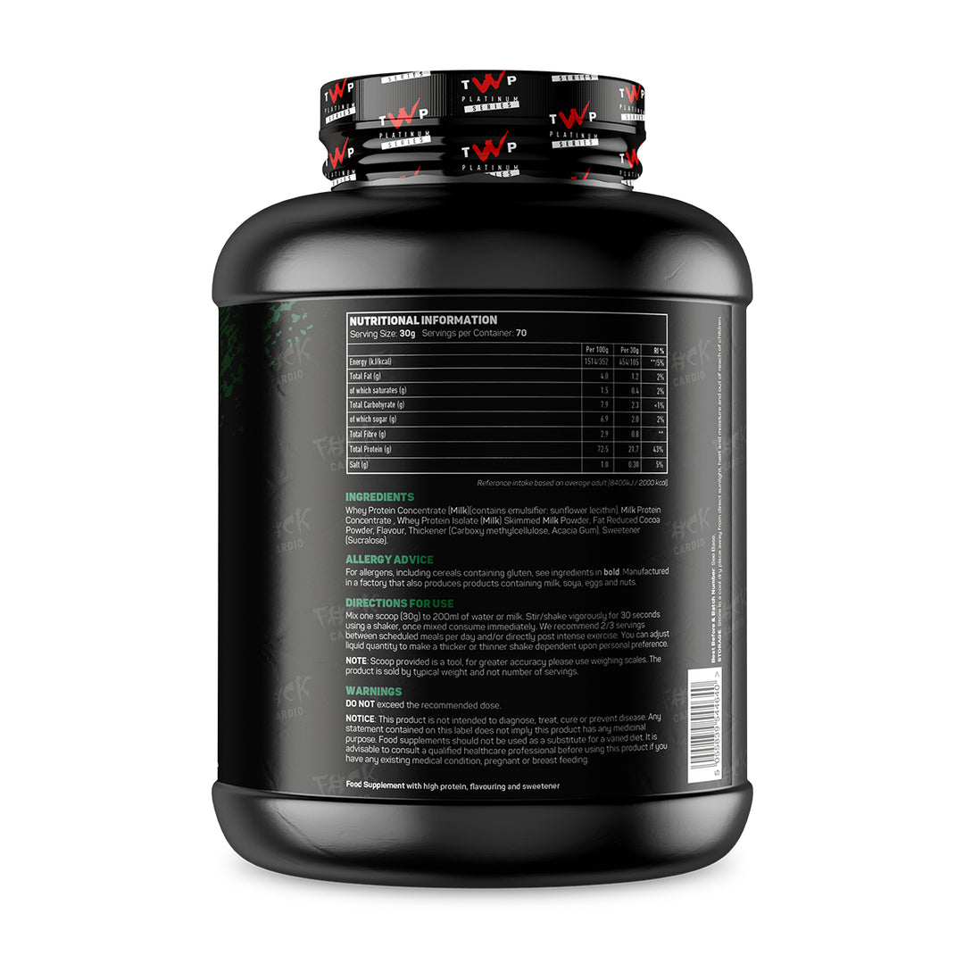 Back of TWP ALL THE WHEY UP Protein After Weights-Choc Mint 2.1kg tub showing supplement facts, nutrition details, and usage instructions, available at Goodsnet New Zealand.