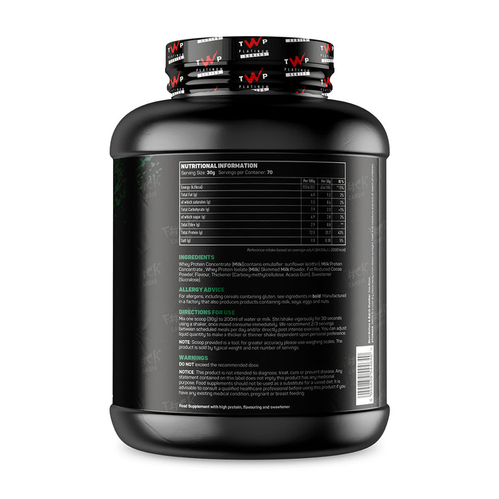 Back of TWP ALL THE WHEY UP Protein After Weights-Choc Mint 2.1kg tub showing supplement facts, nutrition details, and usage instructions, available at Goodsnet New Zealand.