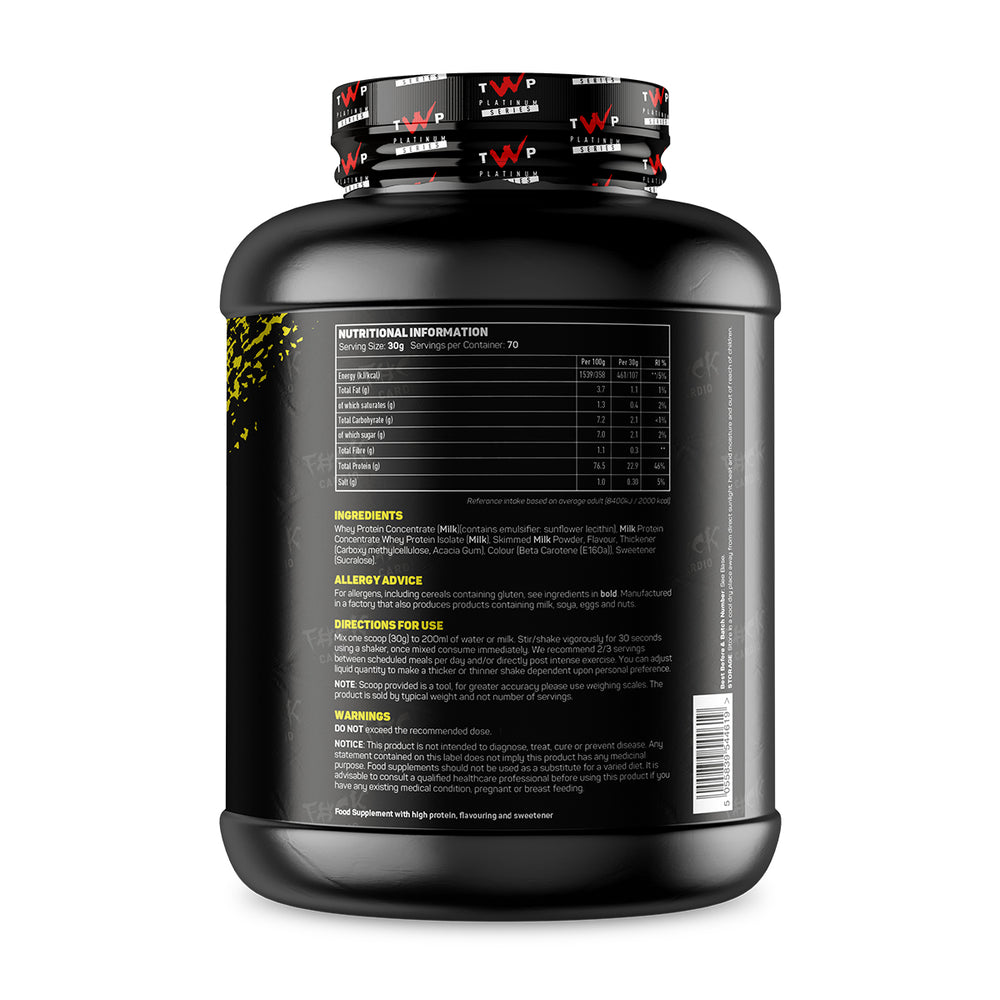 Back label of TWP ALL THE WHEY UP Banana Split 2.1kg tub with nutrition facts