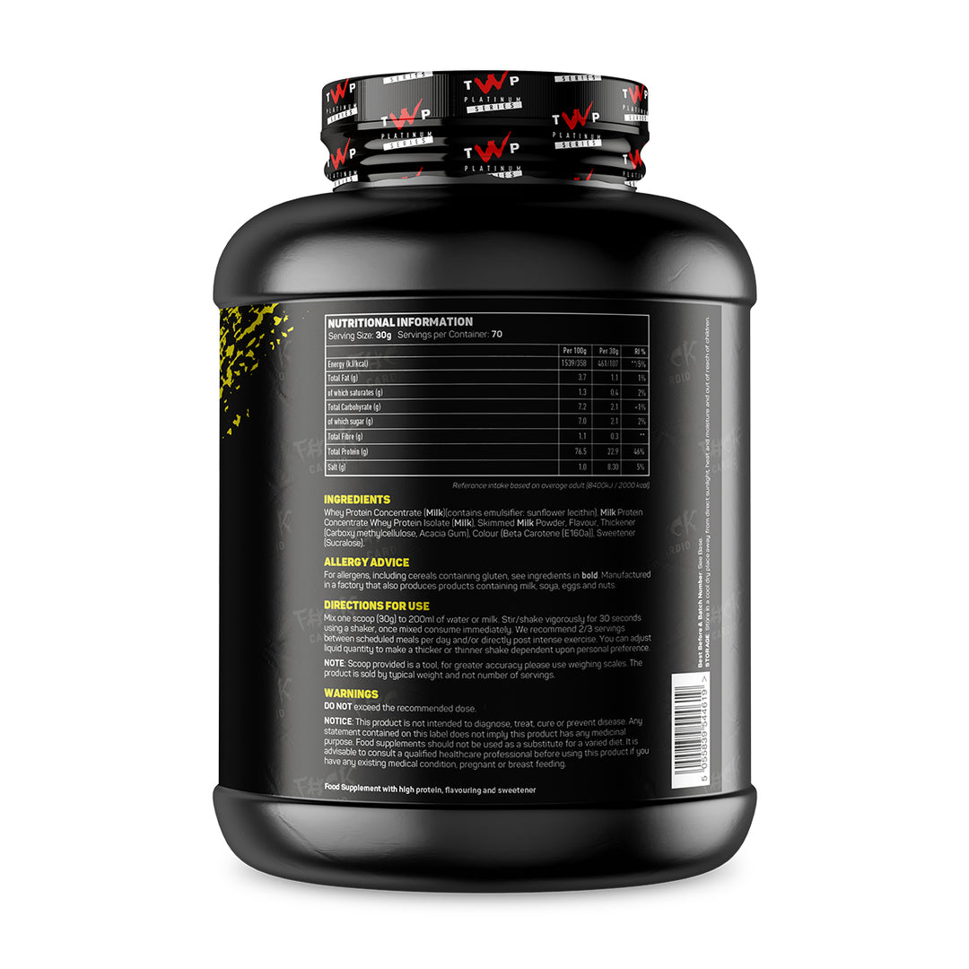 Back label of TWP ALL THE WHEY UP Banana Split 2.1kg tub with nutrition facts