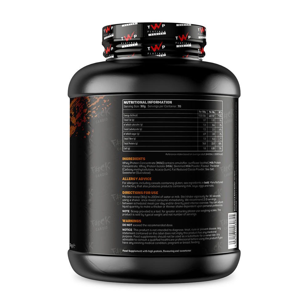 Back of TWP ALL THE WHEY UP Protein Sticky Bistoffee Cheesecake 2.1kg tub showing supplement facts, nutrition details, and usage instructions, available at Goodsnet New Zealand.