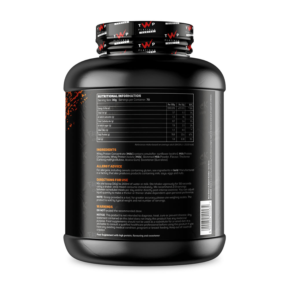 Back label of TWP ALL THE WHEY UP Carrot Cake 2.1kg tub with nutrition facts