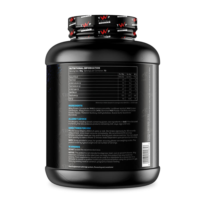 Back of TWP ALL THE WHEY UP Protein Choc Coconut Pattie 2.1kg tub showing supplement facts, nutrition details, and usage instructions, available at Goodsnet New Zealand.