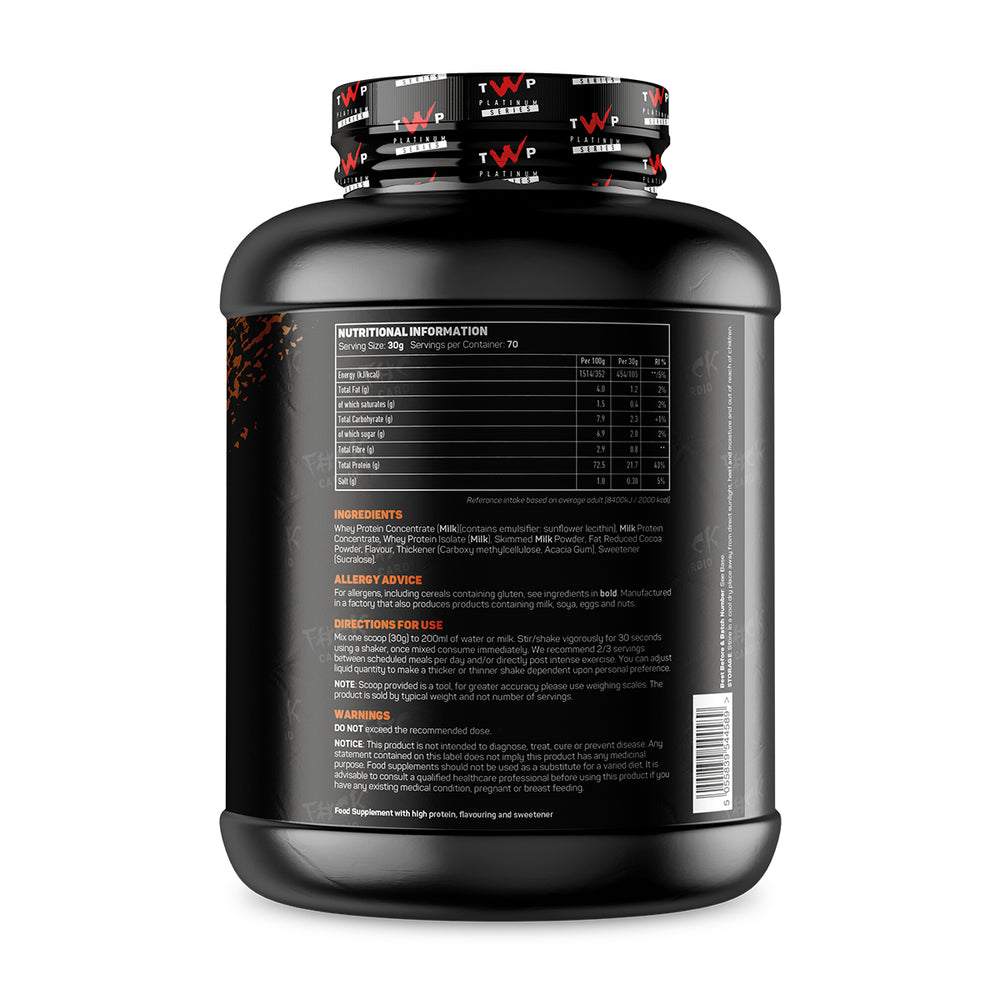 Back of TWP ALL THE WHEY UP Protein Chocolate Orange 2.1kg tub showing supplement facts, nutrition details, and usage instructions, available at Goodsnet New Zealand.
