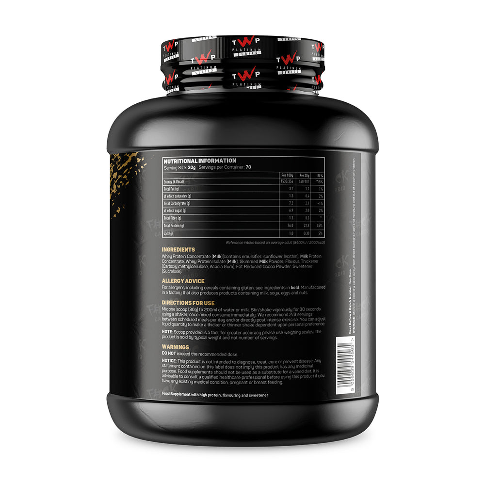 Back label of TWP ALL THE WHEY UP Cinnamon Roll 2.1kg tub with nutrition facts