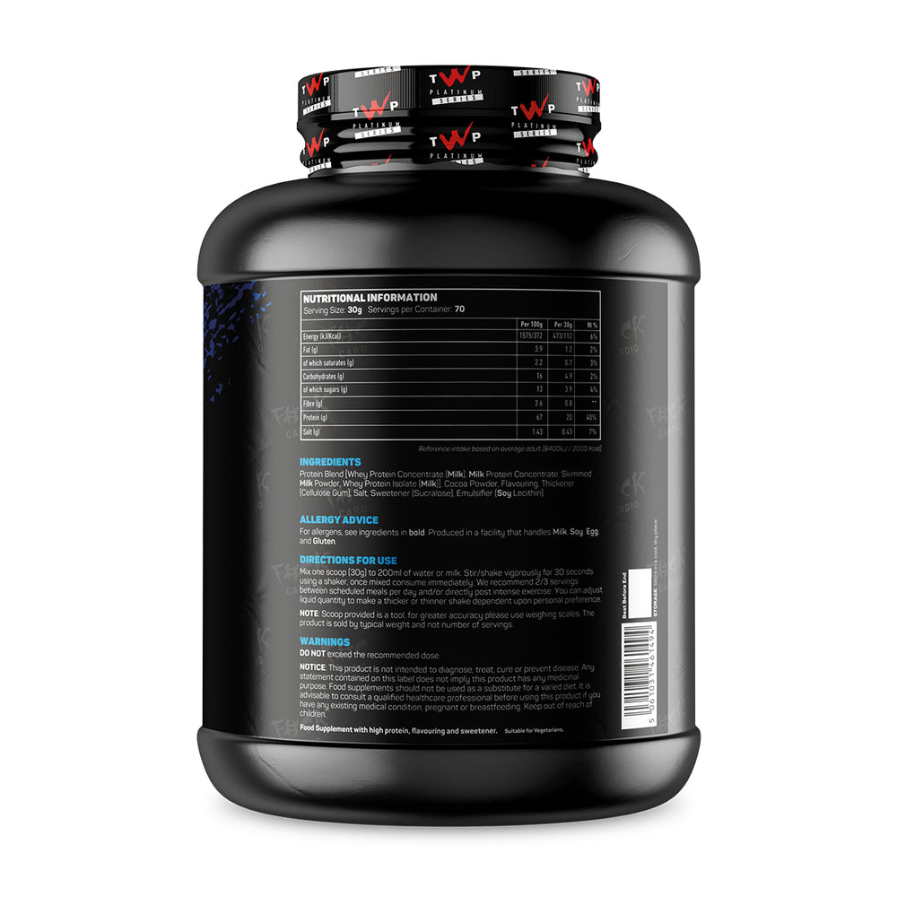 Back of TWP ALL THE WHEY UP Protein Cookeo Cheesecake 2.1kg tub showing supplement facts, nutrition information, and usage instructions, available at Goodsnet New Zealand.