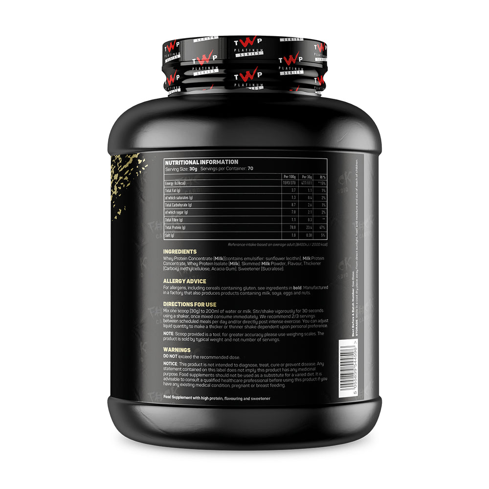 Back label of TWP ALL THE WHEY UP Custard Slice 2.1kg tub with nutrition facts