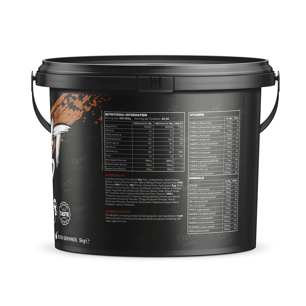 Back of TWP ALL THE WEIGHT UP Protein Chocolate Fudge Cake 5kg tub displaying supplement facts, nutrition profile, and usage instructions, available at Goodsnet New Zealand.