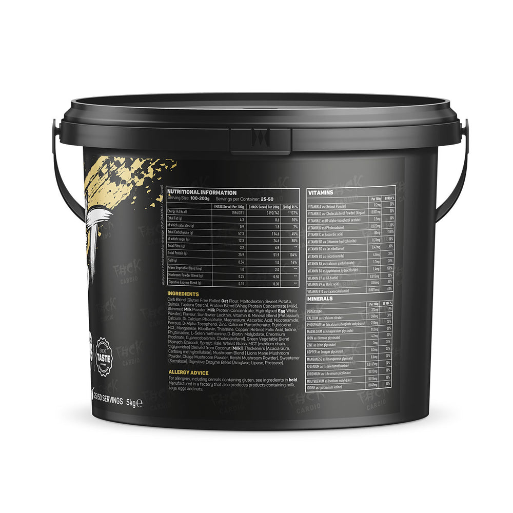 Back of TWP ALL THE WEIGHT UP Protein Vanilla Cheesecake 5kg tub displaying supplement facts, nutrition profile, and usage instructions, available at Goodsnet New Zealand.