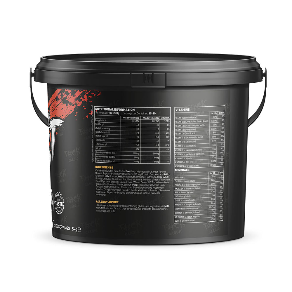 Back of TWP ALL THE WEIGHT UP Protein White Choc Monkeys Blood 5kg tub displaying supplement facts, nutrition profile, and usage instructions, available at Goodsnet New Zealand.