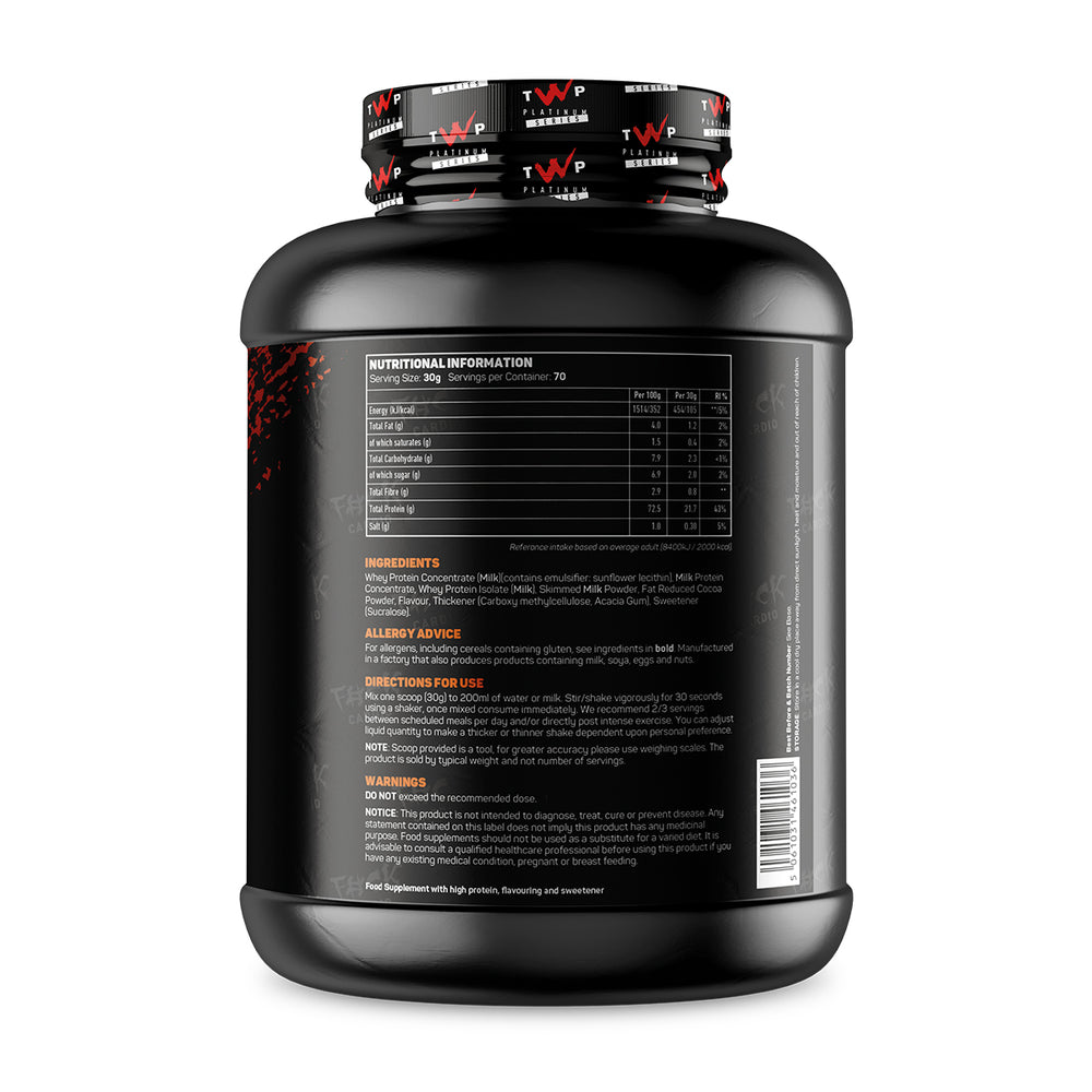 Back of TWP ALL THE WHEY UP Protein Exciting Crunch Honeycomb 2.1kg tub showing supplement facts, nutrition details, and usage instructions, available at Goodsnet New Zealand.