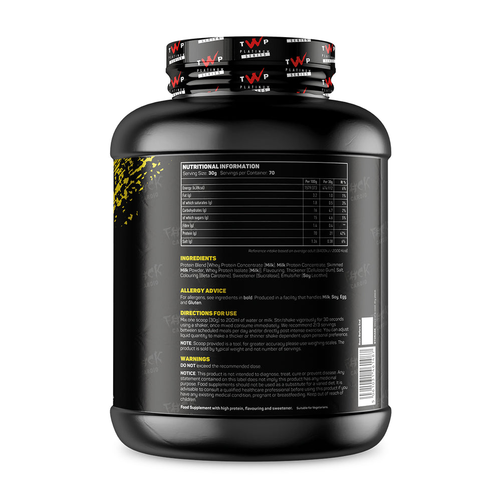 Back of TWP ALL THE WHEY UP Protein Lemon Drizzle Cake 2.1kg tub showing supplement facts, nutrition details, and usage instructions, available at Goodsnet New Zealand.