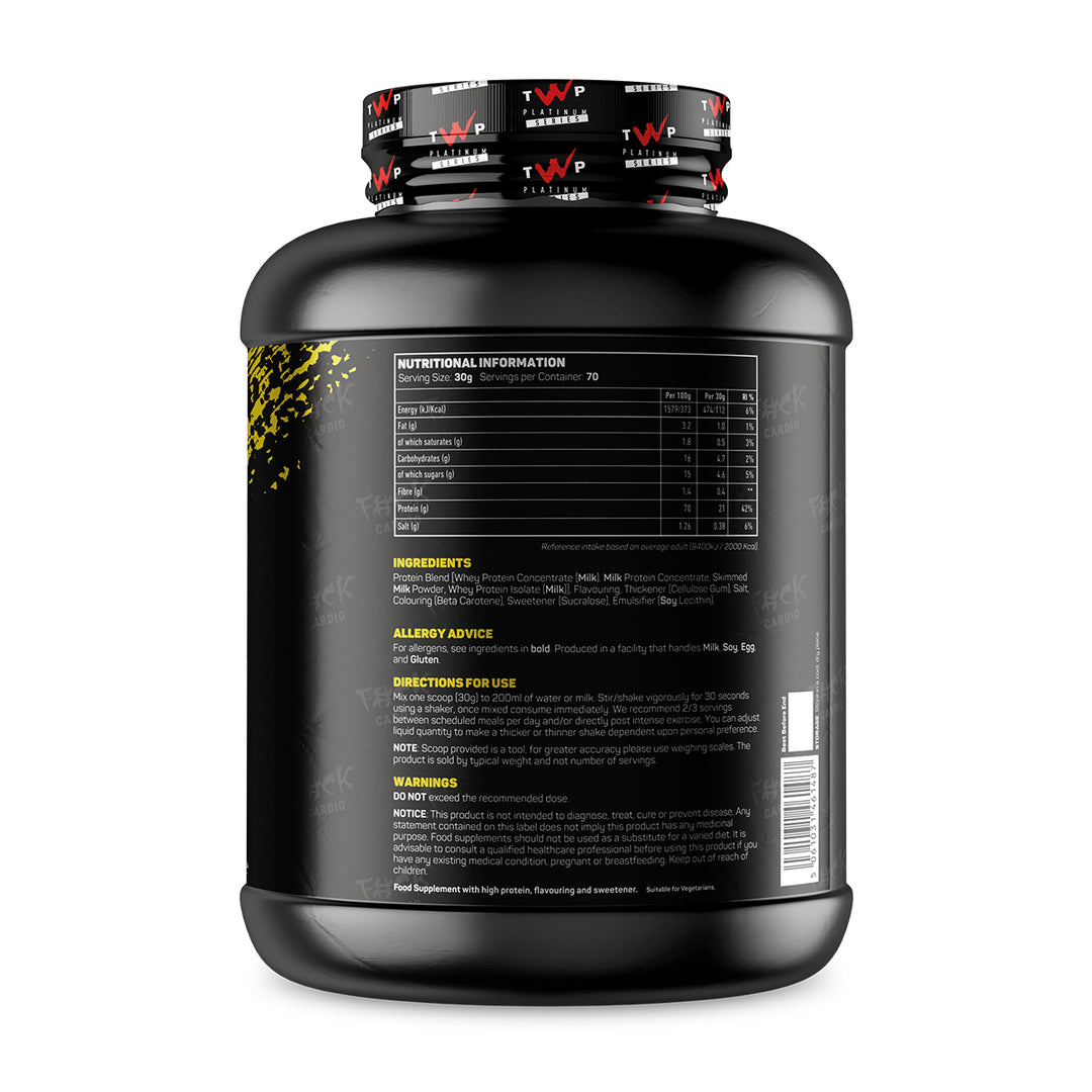 Back of TWP ALL THE WHEY UP Protein Lemon Drizzle Cake 2.1kg tub showing supplement facts, nutrition details, and usage instructions, available at Goodsnet New Zealand.