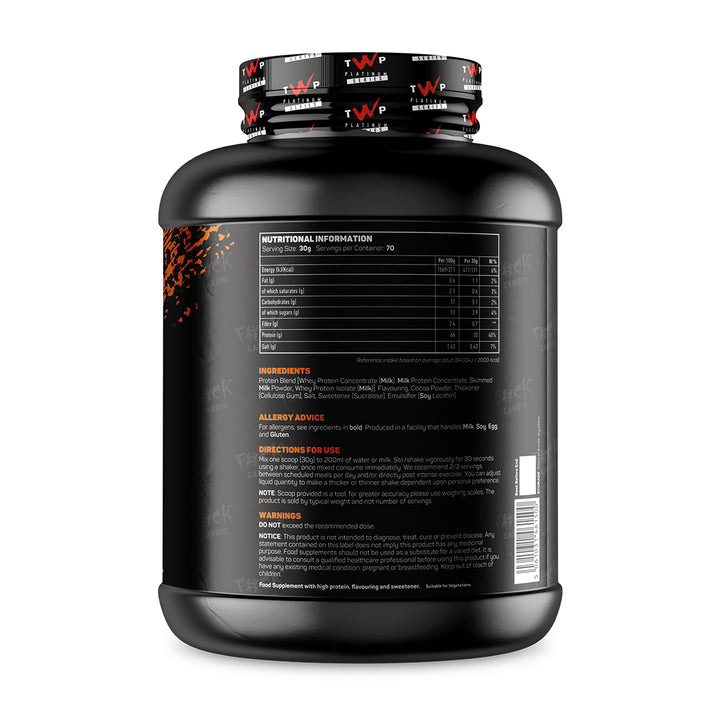 Back of TWP ALL THE WHEY UP Protein Peanut Butter Rocky Road 2.1kg tub showing supplement facts, nutrition details, and usage instructions, available at Goodsnet New Zealand.