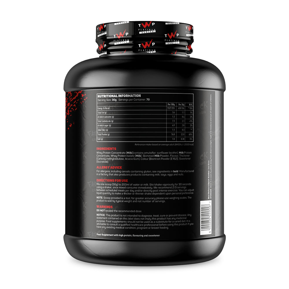 “Back label of TWP ALL THE WHEY UP Strawberry Shortcake 2.1kg tub with nutrition info”

