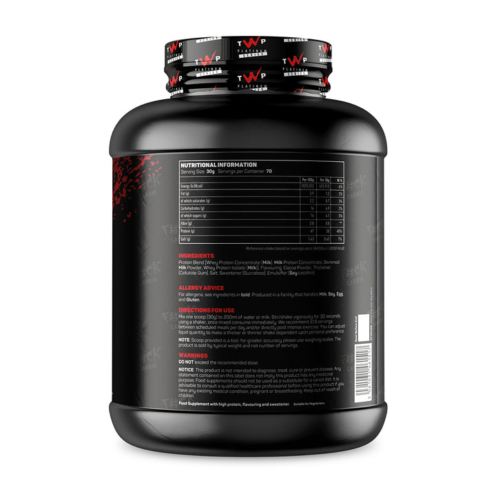 Back of TWP ALL THE WHEY UP Protein Tella Churro-Choc Hazelnut Churro 2.1kg tub showing supplement facts, nutrition information, and usage instructions, available at Goodsnet New Zealand.