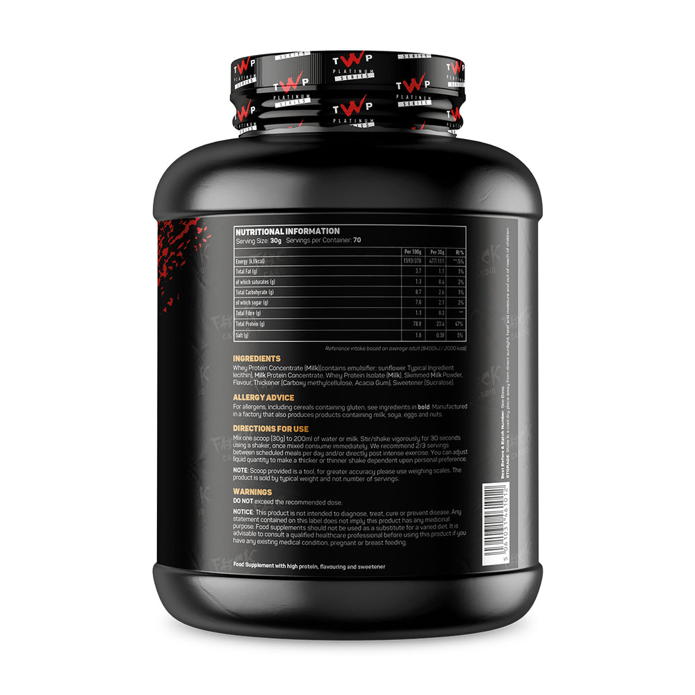 Back of TWP ALL THE WHEY UP Protein White Choc Bueno Monkey Blood Raspberry Sauce 2.1kg tub showing supplement facts, nutrition details, and usage instructions, available at Goodsnet New Zealand.