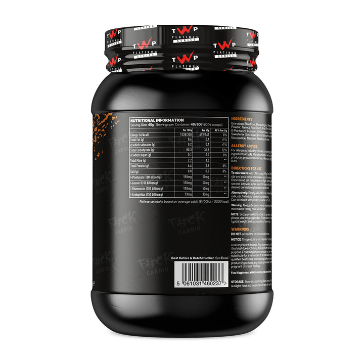 “Back of TWP C.O.R+ Choc Caramel tub displaying nutrition facts, ingredient list, and usage instructions, available at Goodsnet New Zealand.”
