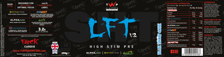 Complete wraparound label of TWP High Stim Strong Pre-Workout Blue Snow Cone 390g tub, displaying front branding, side panels, supplement facts, and usage instructions, available at Goodsnet New Zealand.