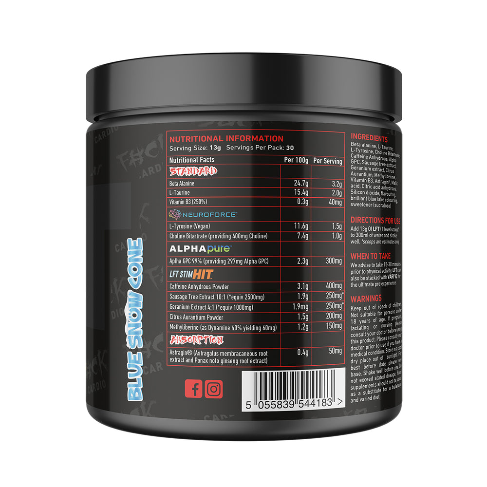 Back of TWP High Stim Strong Pre-Workout Blue Snow Cone 390g tub displaying supplement facts, high-stimulant ingredients, and usage instructions, available at Goodsnet New Zealand.
