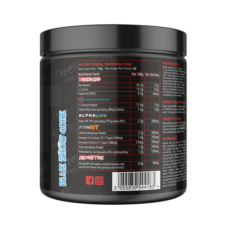 Back of TWP High Stim Strong Pre-Workout Blue Snow Cone 390g tub displaying supplement facts, high-stimulant ingredients, and usage instructions, available at Goodsnet New Zealand.