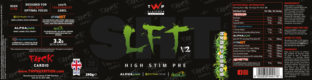 Complete wraparound label of TWP High Stim Strong Pre-Workout Bongo Crush 390g tub, displaying front branding, side panels, supplement facts, and usage instructions, available at Goodsnet New Zealand.