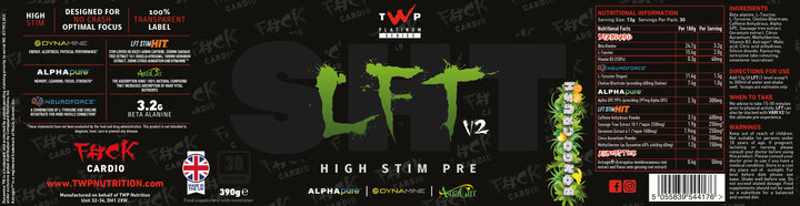 Complete wraparound label of TWP High Stim Strong Pre-Workout Bongo Crush 390g tub, displaying front branding, side panels, supplement facts, and usage instructions, available at Goodsnet New Zealand.