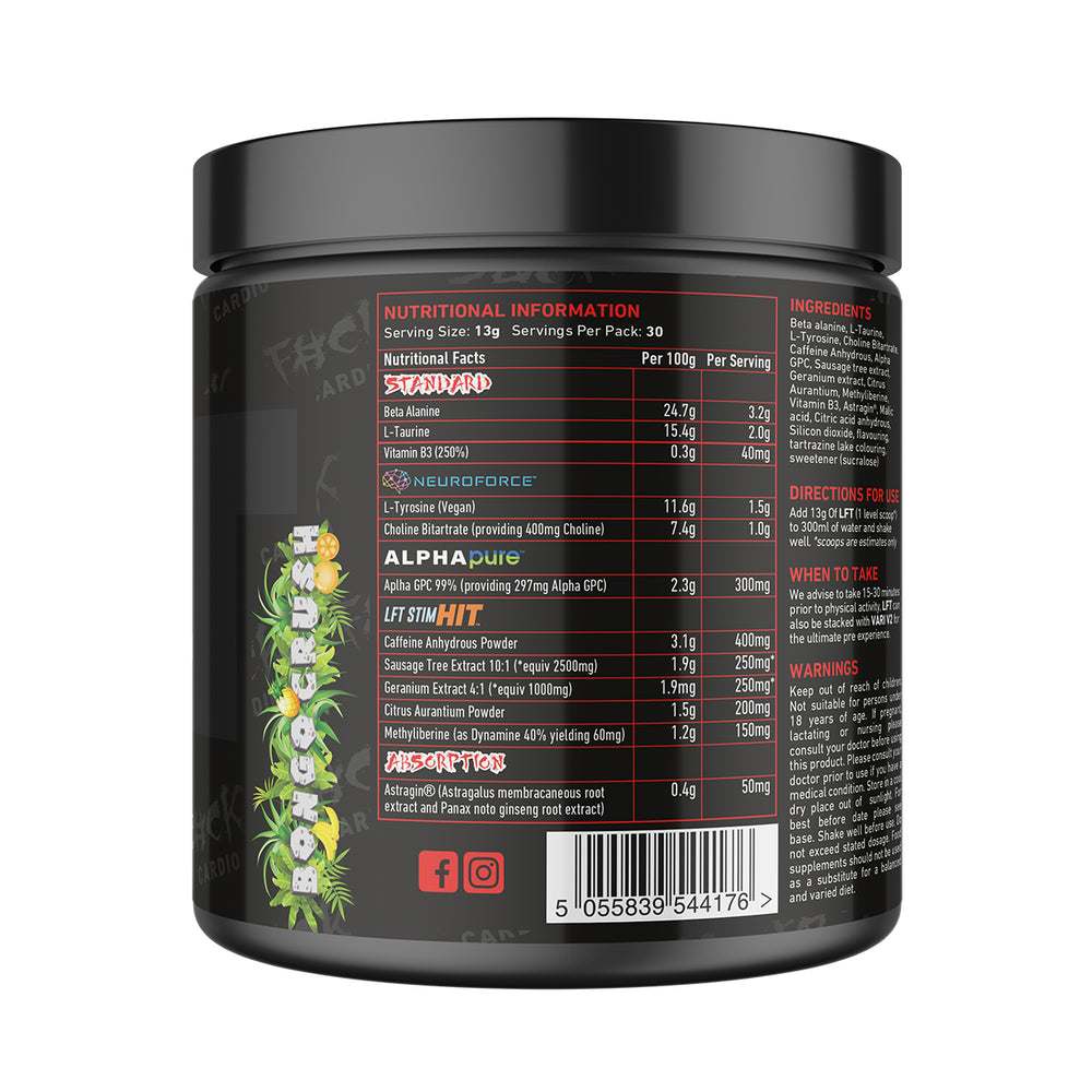Back of TWP High Stim Strong Pre-Workout Bongo Crush 390g tub displaying supplement facts, high-stimulant ingredients, and usage instructions, available at Goodsnet New Zealand.
