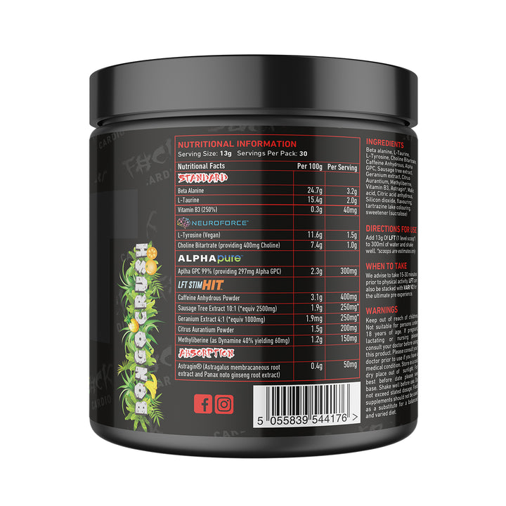 Back of TWP High Stim Strong Pre-Workout Bongo Crush 390g tub displaying supplement facts, high-stimulant ingredients, and usage instructions, available at Goodsnet New Zealand.