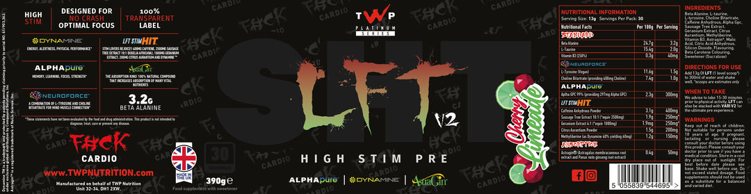 Complete wraparound label of TWP High Stim Strong Pre-Workout Cherry Lime 390g tub, displaying front branding, side panels, supplement facts, and usage instructions, available at Goodsnet New Zealand.