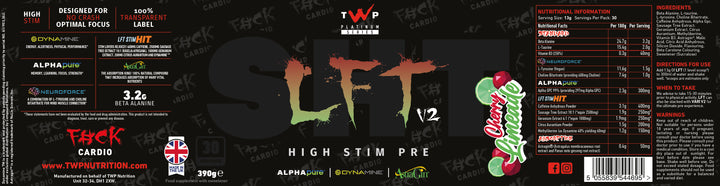 Complete wraparound label of TWP High Stim Strong Pre-Workout Cherry Lime 390g tub, displaying front branding, side panels, supplement facts, and usage instructions, available at Goodsnet New Zealand.