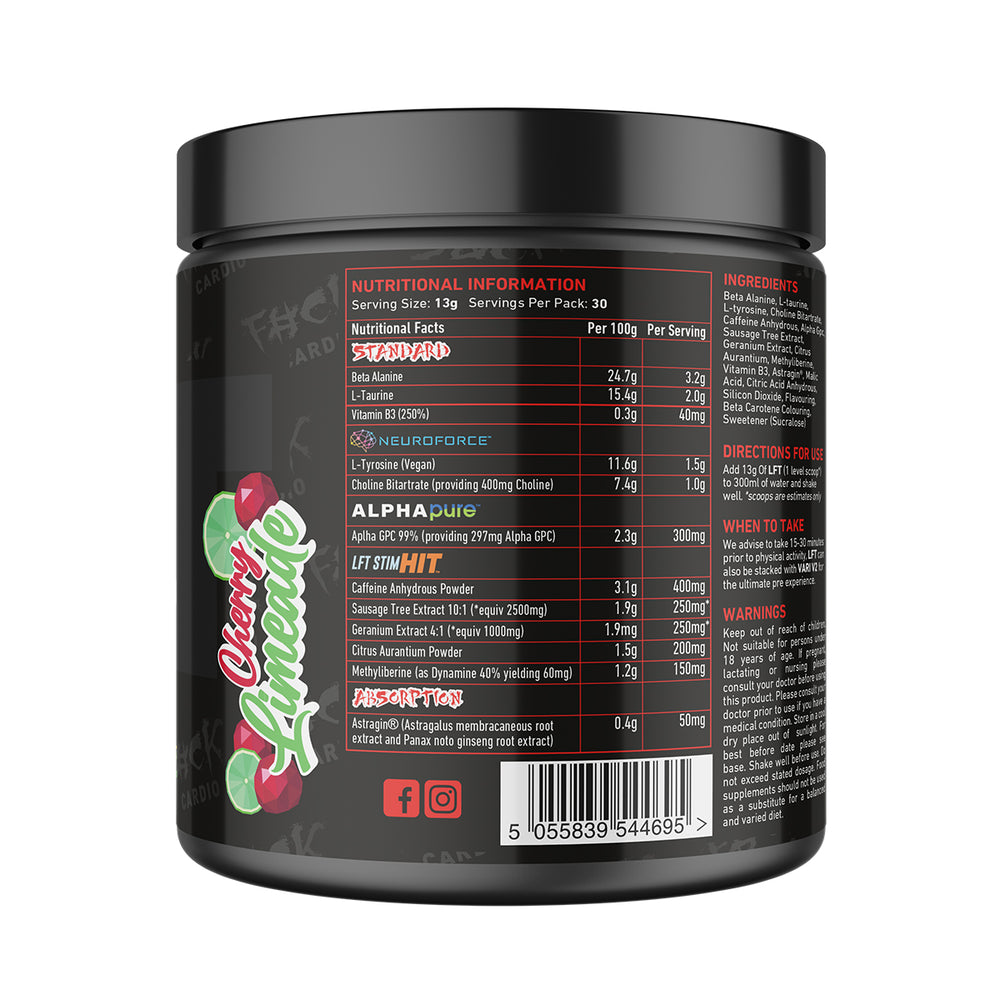 Back of TWP High Stim Strong Pre-Workout Cherry Lime 390g tub displaying supplement facts, high-stimulant ingredients, and usage instructions, available at Goodsnet New Zealand.