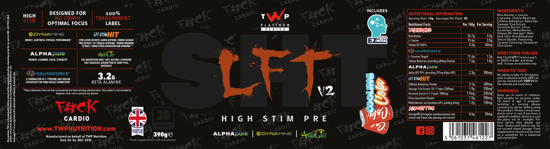 Complete wraparound label of TWP High Stim Strong Pre-Workout Cooling Cola 390g tub, displaying front branding, side panels, supplement facts, and usage instructions, available at Goodsnet New Zealand.