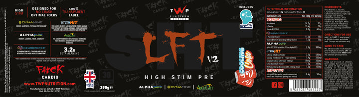 Complete wraparound label of TWP High Stim Strong Pre-Workout Cooling Cola 390g tub, displaying front branding, side panels, supplement facts, and usage instructions, available at Goodsnet New Zealand.