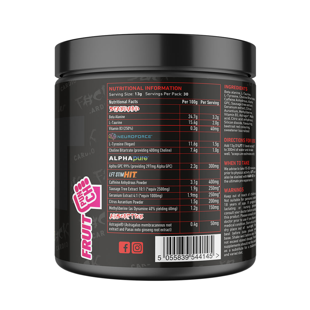 Back of TWP High Stim Strong Pre-Workout Fruit Punch 390g tub displaying supplement facts, high-stimulant ingredients, and usage instructions, available at Goodsnet New Zealand.