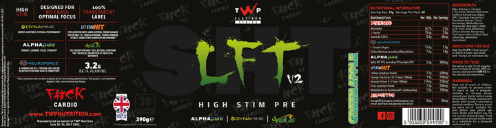 Complete wraparound label of TWP High Stim Strong Pre-Workout Green Apple 390g tub, displaying front branding, side panels, supplement facts, and usage instructions, available at Goodsnet New Zealand.