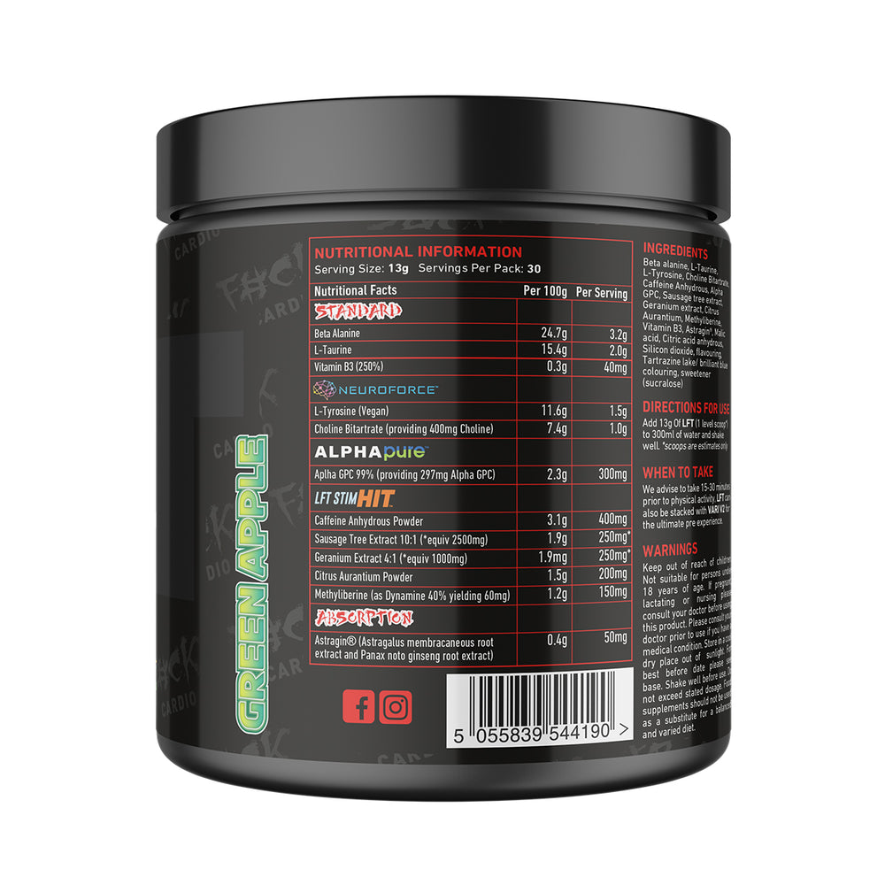 Back of TWP High Stim Strong Pre-Workout Green Apple 390g tub displaying supplement facts, high-stimulant ingredients, and usage instructions, available at Goodsnet New Zealand.