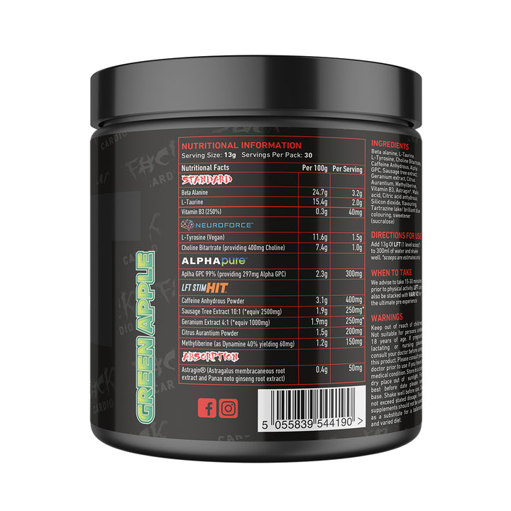 Back of TWP High Stim Strong Pre-Workout Green Apple 390g tub displaying supplement facts, high-stimulant ingredients, and usage instructions, available at Goodsnet New Zealand.