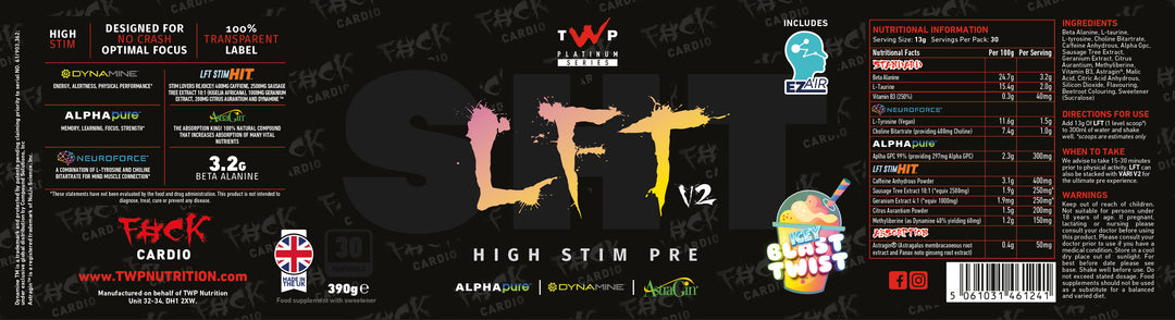 Complete wraparound label of TWP High Stim Strong Pre-Workout Ice Blast Twist 390g tub, displaying front branding, side panels, supplement facts, and usage instructions, available at Goodsnet New Zealand.