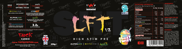 Complete wraparound label of TWP High Stim Strong Pre-Workout Ice Blast Twist 390g tub, displaying front branding, side panels, supplement facts, and usage instructions, available at Goodsnet New Zealand.