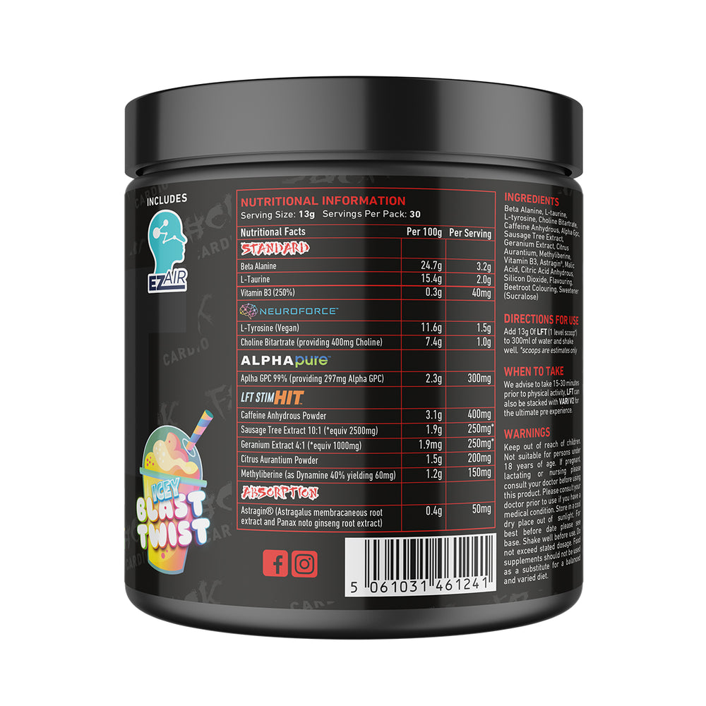 Back of TWP High Stim Strong Pre-Workout Ice Blast Twist 390g tub displaying supplement facts, high-stimulant ingredients, and usage instructions, available at Goodsnet New Zealand.