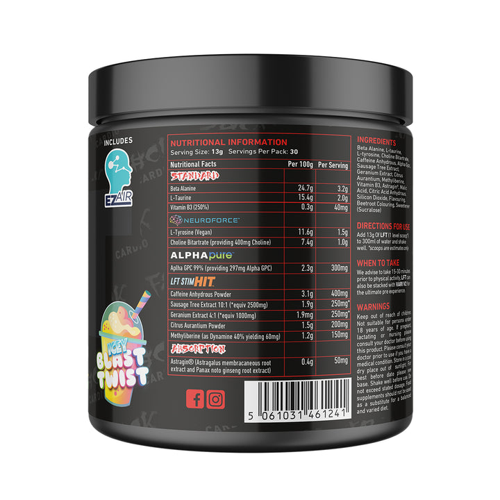 Back of TWP High Stim Strong Pre-Workout Ice Blast Twist 390g tub displaying supplement facts, high-stimulant ingredients, and usage instructions, available at Goodsnet New Zealand.
