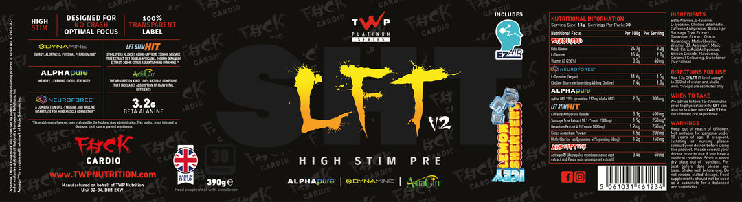 Complete wraparound label of TWP High Stim Strong Pre-Workout Icey Lemon Sherbert 390g tub, displaying front branding, side panels, supplement facts, and usage instructions, available at Goodsnet New Zealand.