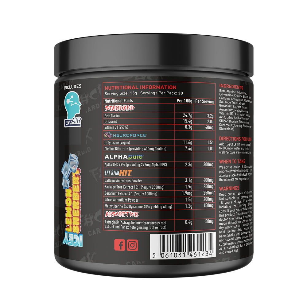 Back of TWP High Stim Strong Pre-Workout Icey Lemon Sherbert 390g tub displaying supplement facts, high-stimulant ingredients, and usage instructions, available at Goodsnet New Zealand.
