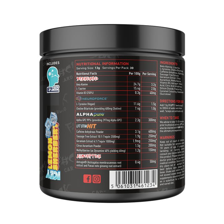 Back of TWP High Stim Strong Pre-Workout Icey Lemon Sherbert 390g tub displaying supplement facts, high-stimulant ingredients, and usage instructions, available at Goodsnet New Zealand.