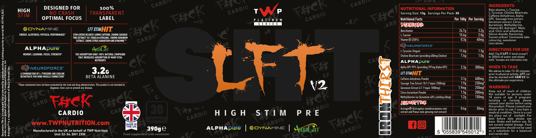 Complete wraparound label of TWP High Stim Strong Pre-Workout Iron Thirst 390g tub, displaying front branding, side panels, supplement facts, and usage instructions, available at Goodsnet New Zealand.